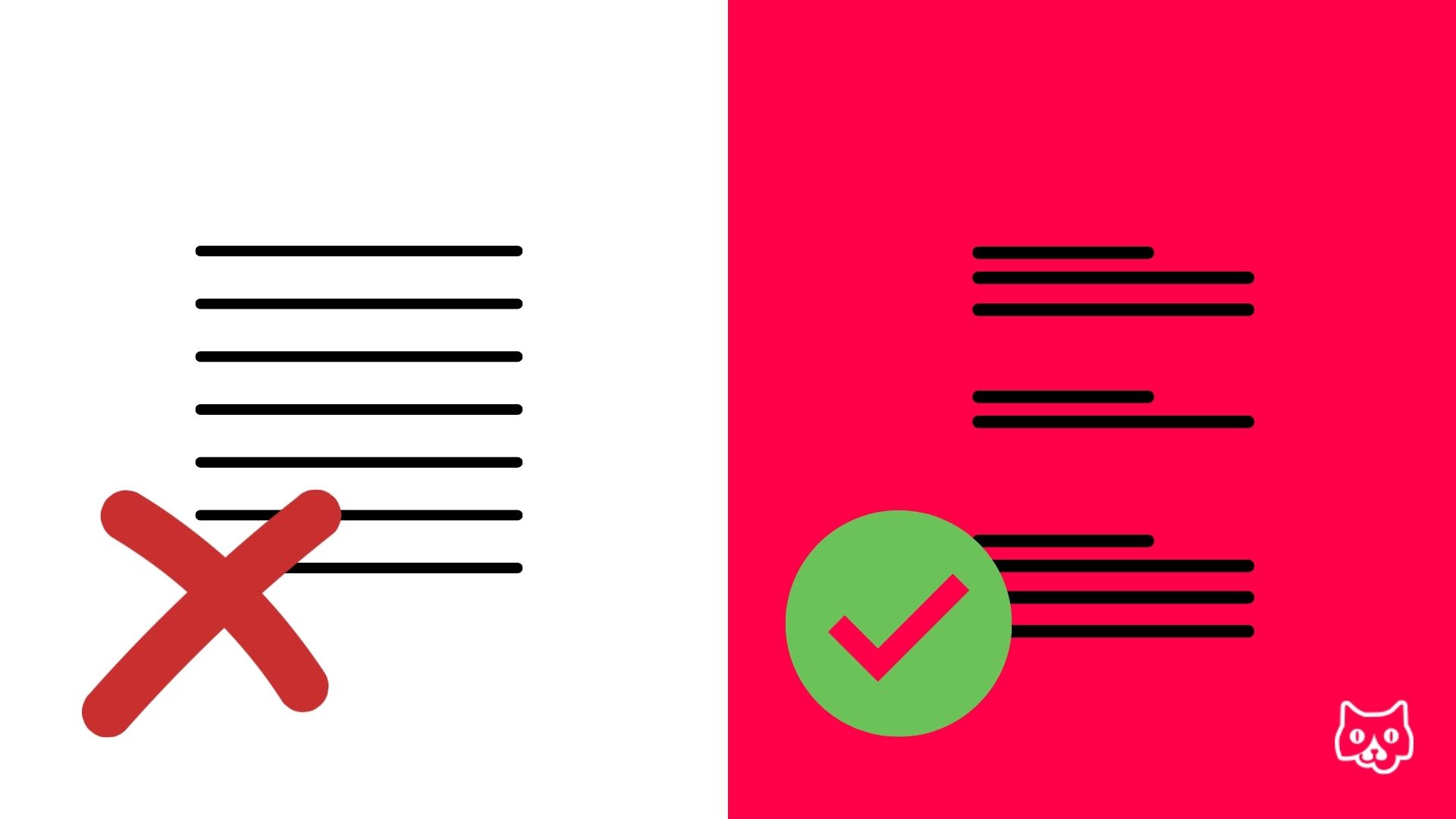 This image shows the difference visually between breaking up your content with keyword-rich headings versus just leaving a wall of text. The left shows a block of lines representing text without any space between on a white background: there is an X underneath it. On the right on a red background, there are also lines to represent text, but there is space between them and shorter lines above each 'paragraph' to indicate the headings. There is a check next to this set of lines. 