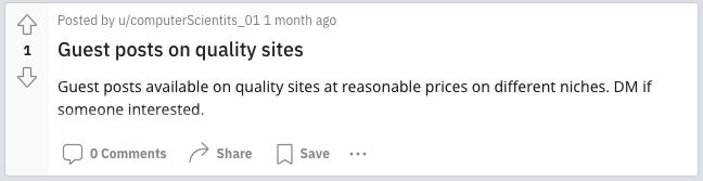 This image is a screenshot of a post in an SEO subreddit advertising a paid backlinking opportunity.   It reads "Guest posts available on quality sites at reasonable prices on different niches. DM if someone interested."