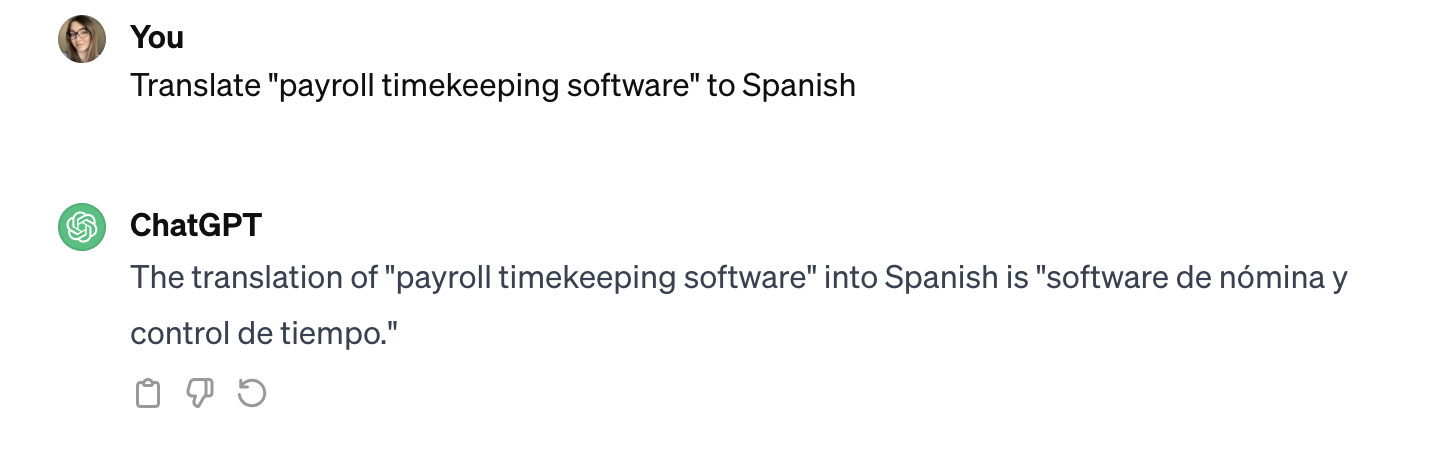 Screenshot of ChatGPT translating a keyword from English to Spanish.