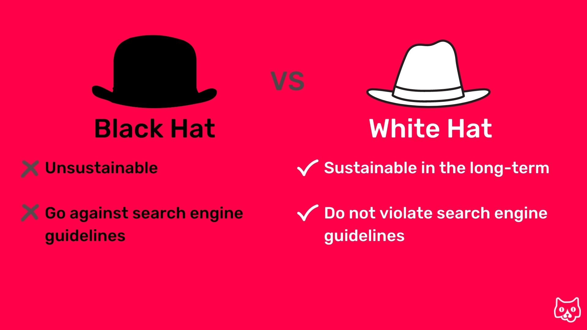 On the flying cat marketing red background, there is a clipart image of a black hat on the left and a white hat on the right.  Underneath the black hat are two bulletpoints which read "unsustainable" and "go against search engine guidelines".   Underneath the white hat are two bullet points which list the opposite; that white hat SEO is "sustainable in the long term" and "does not violate search engine guidelines" 