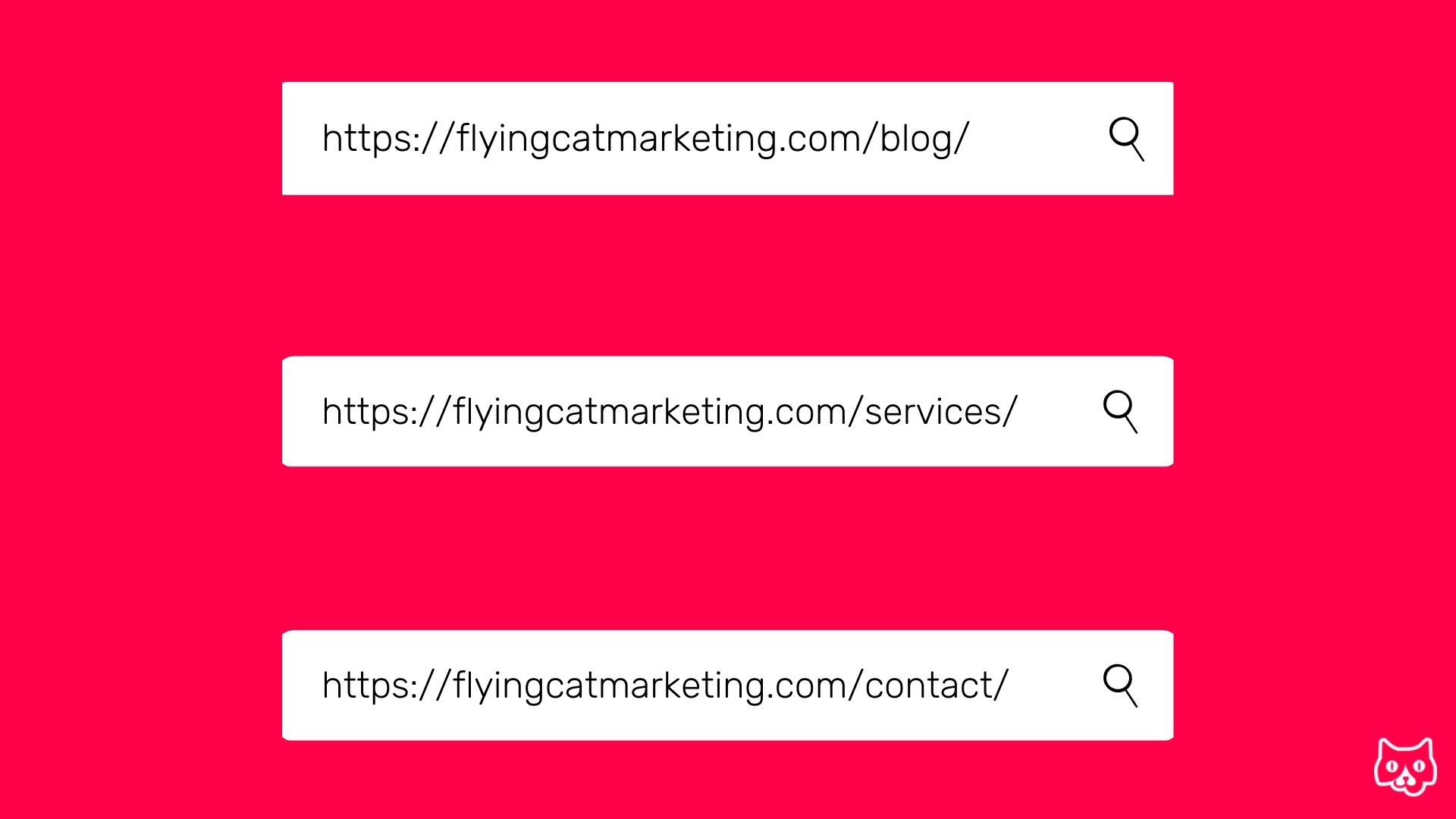 This image is the Flying cat marketing red background with 3 white search bars. Each has the link to a different page on the FCM website. 