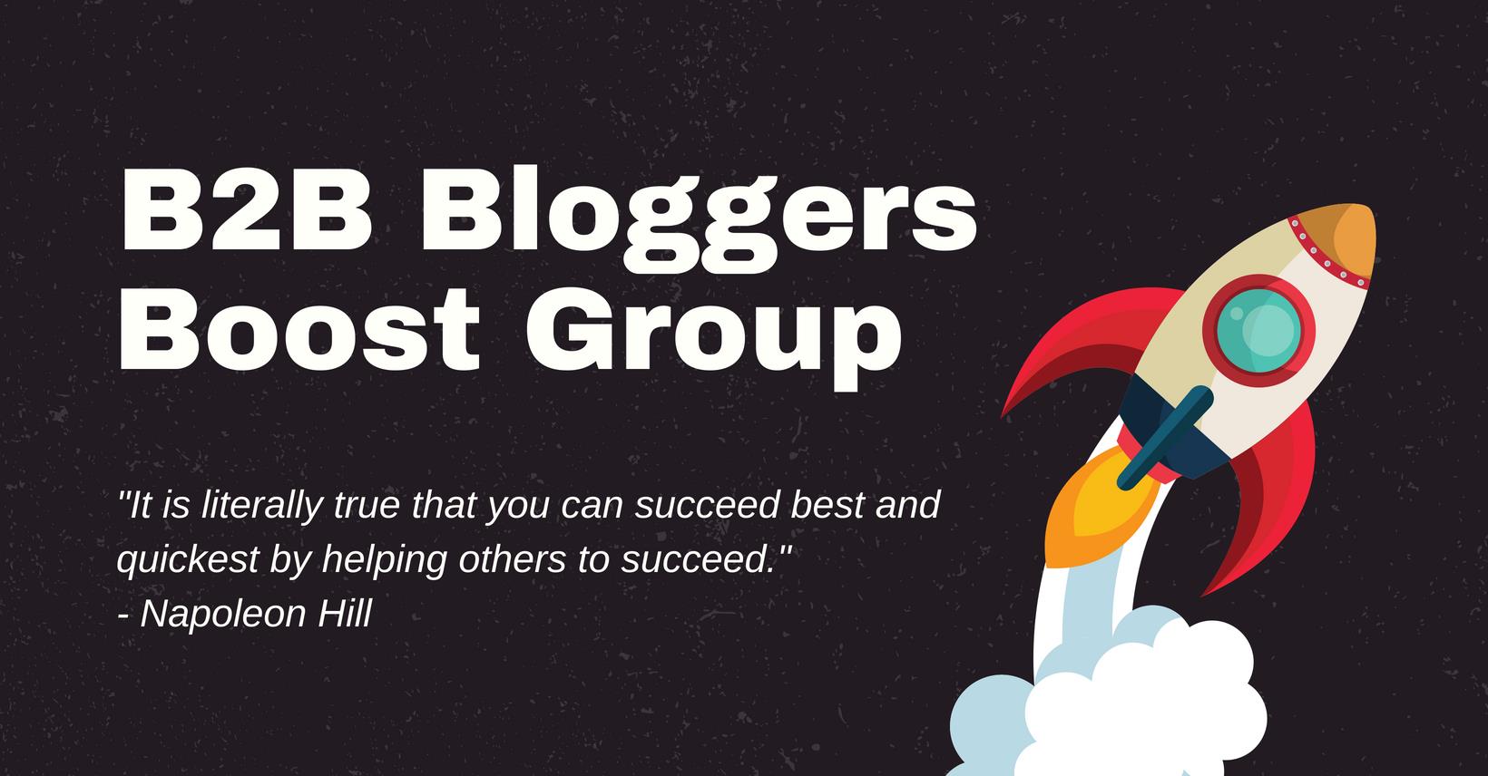 This image includes a screenshot of the front page of the B2B Bloggers Boost Group on Facebook.