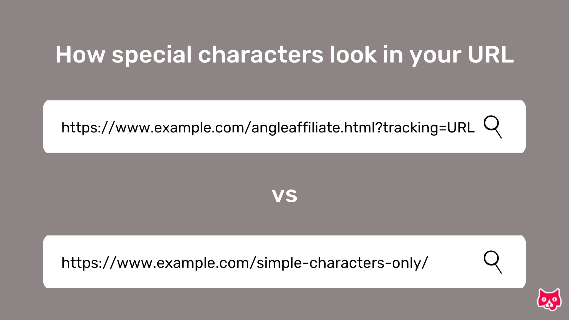 This image has a gray background and a header that reads 'how special characters look in your URL' The top white search bar has a link which is messy and stuffy. Between the two search bar is a 'VS', versus. The bottom link is simple and the permalink is only comprised of 'simple-characters-only/'