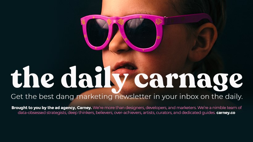 This is the front page of the Daily Carnage, with a baby in pink sunglasses looking off to the side.