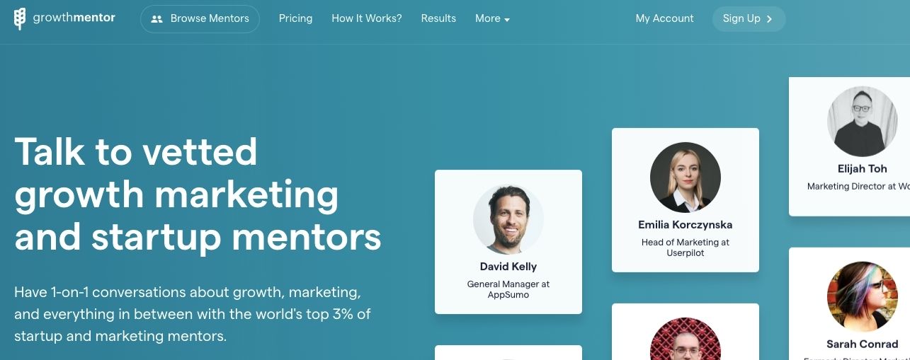 This image is a screenshot from Growthmentor. It features different profiles on the right and text on the left about this curated platform