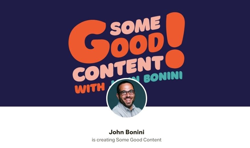 This is a screenshot from John Bonini's Patreon, with the cover photo that reads 'Some Good Content!' and Bonini's image.