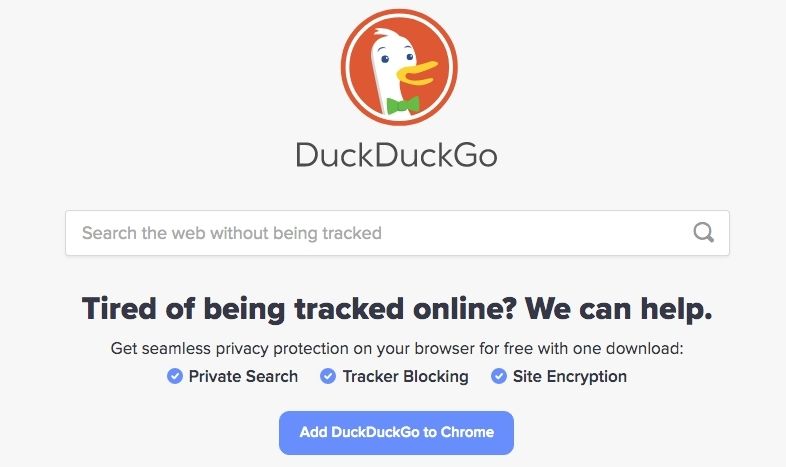Screenshot of the homepage of the duck duck go search engine