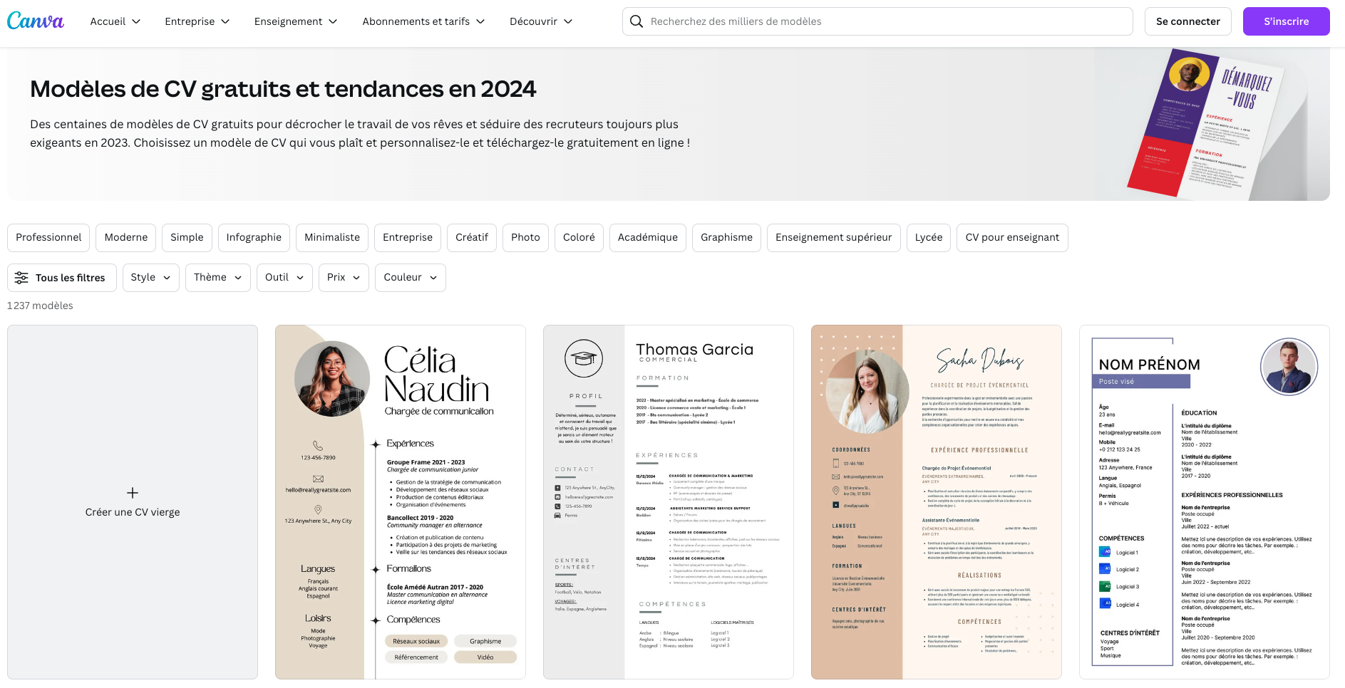 Screenshot of Canva’s resume templates page in French.