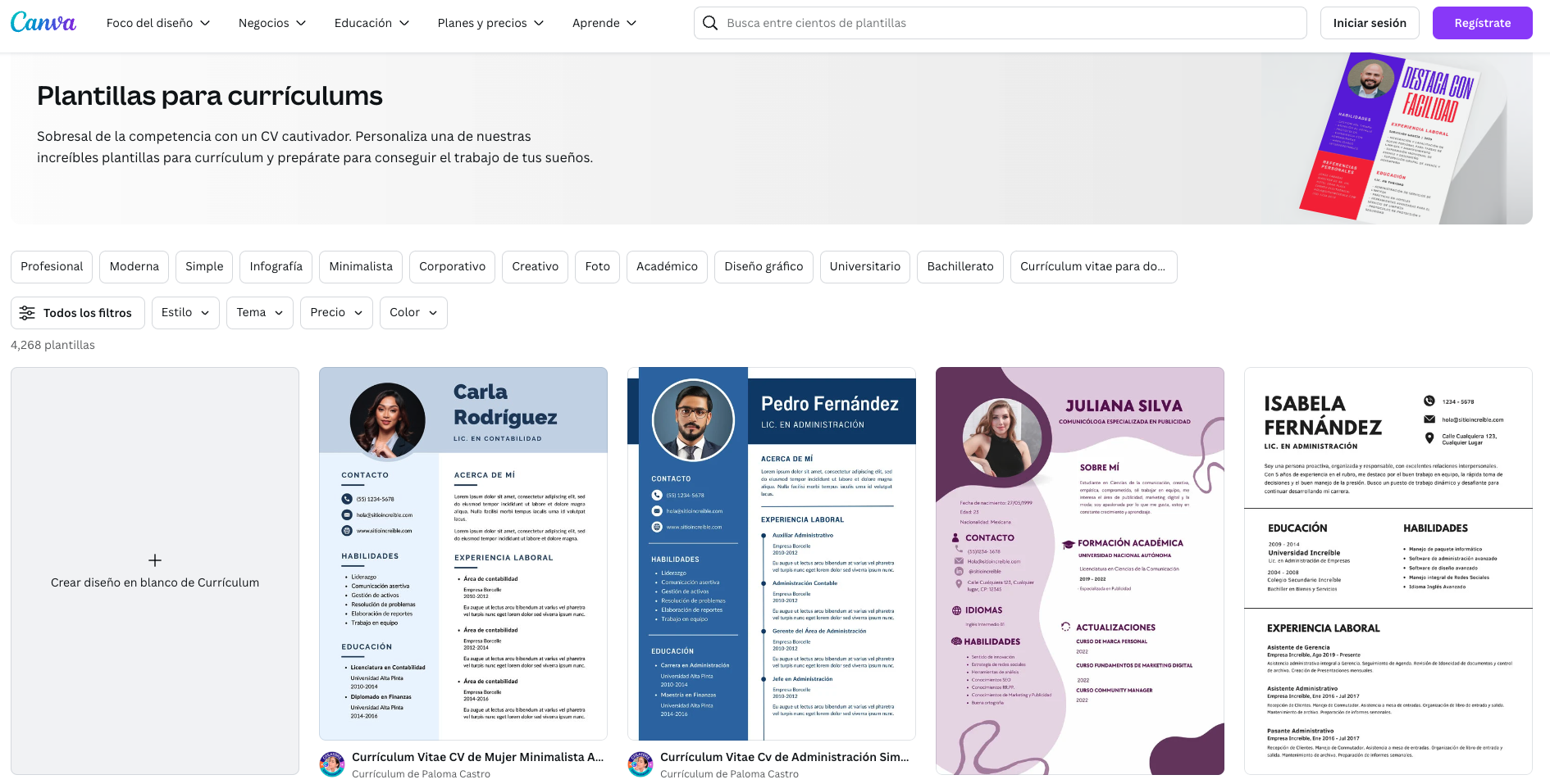 Screenshot of Canva’s resume templates page in Mexican-Spanish.