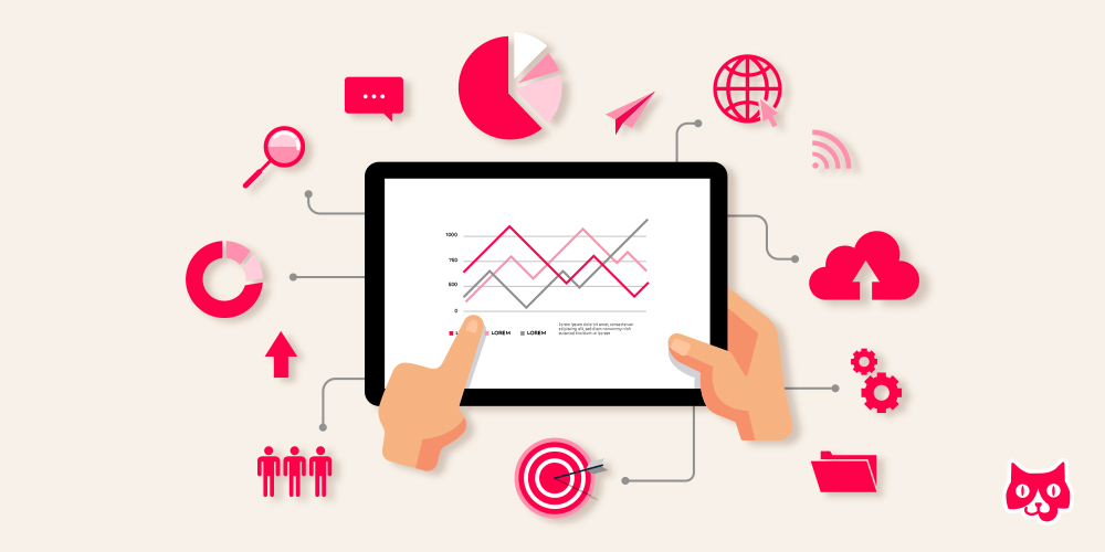 This image shows a tablet with graphs showing growth. It implies this content marketing metric is showing successful results, and there are hands navigating the site with icons of charts, people, and tools all in the Flying Cat Marketing red floating around the tablet. 