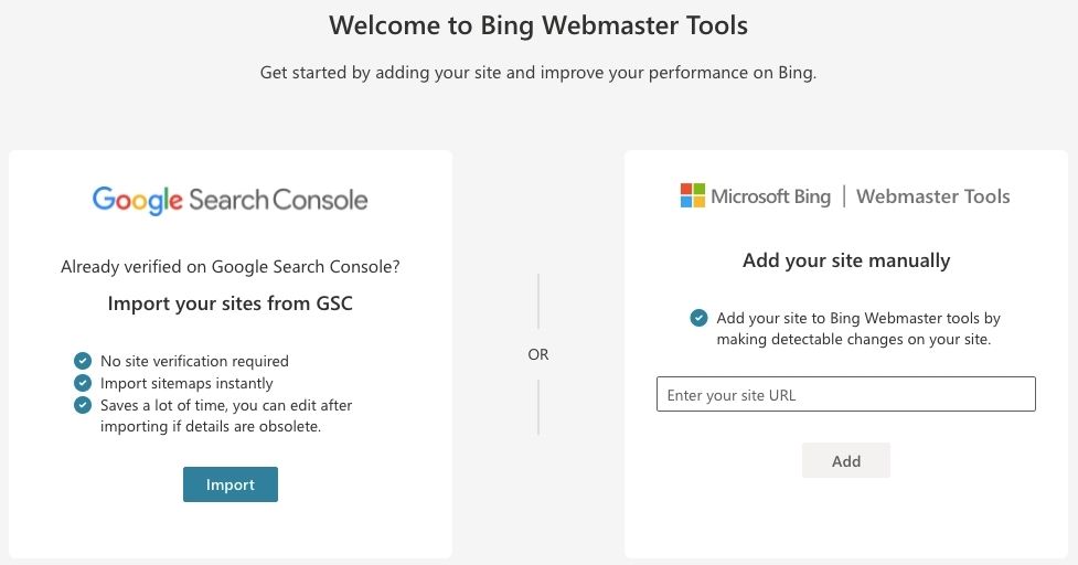 This is a screenshot of the 'Welcome to Bing Webmaster Tools' page, with the two options to either import your sites from Google Search Console or add sites manually to be verified. 