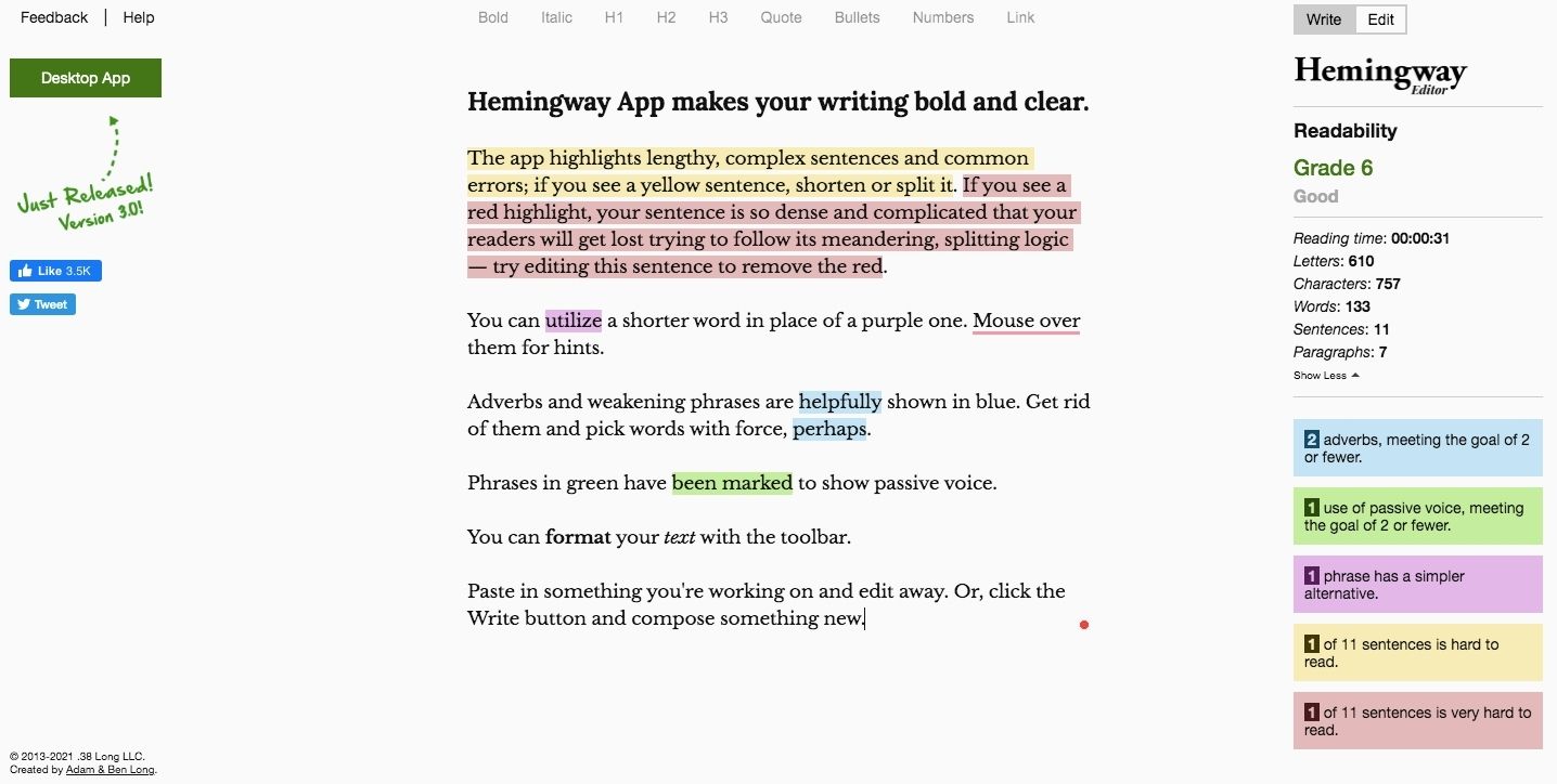 Screenshot of Hemingway Editor's initial text they give visitors to edit