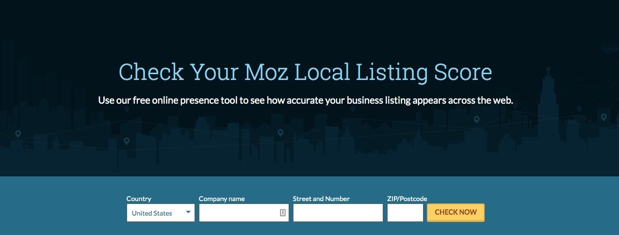 Screenshot of the Local listing score tool provided by Moz. Includes the search bar where users can check their website's online presence.