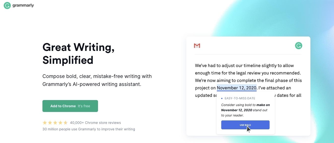 Screenshot of the homepage of Grammarly, a content marketing resource