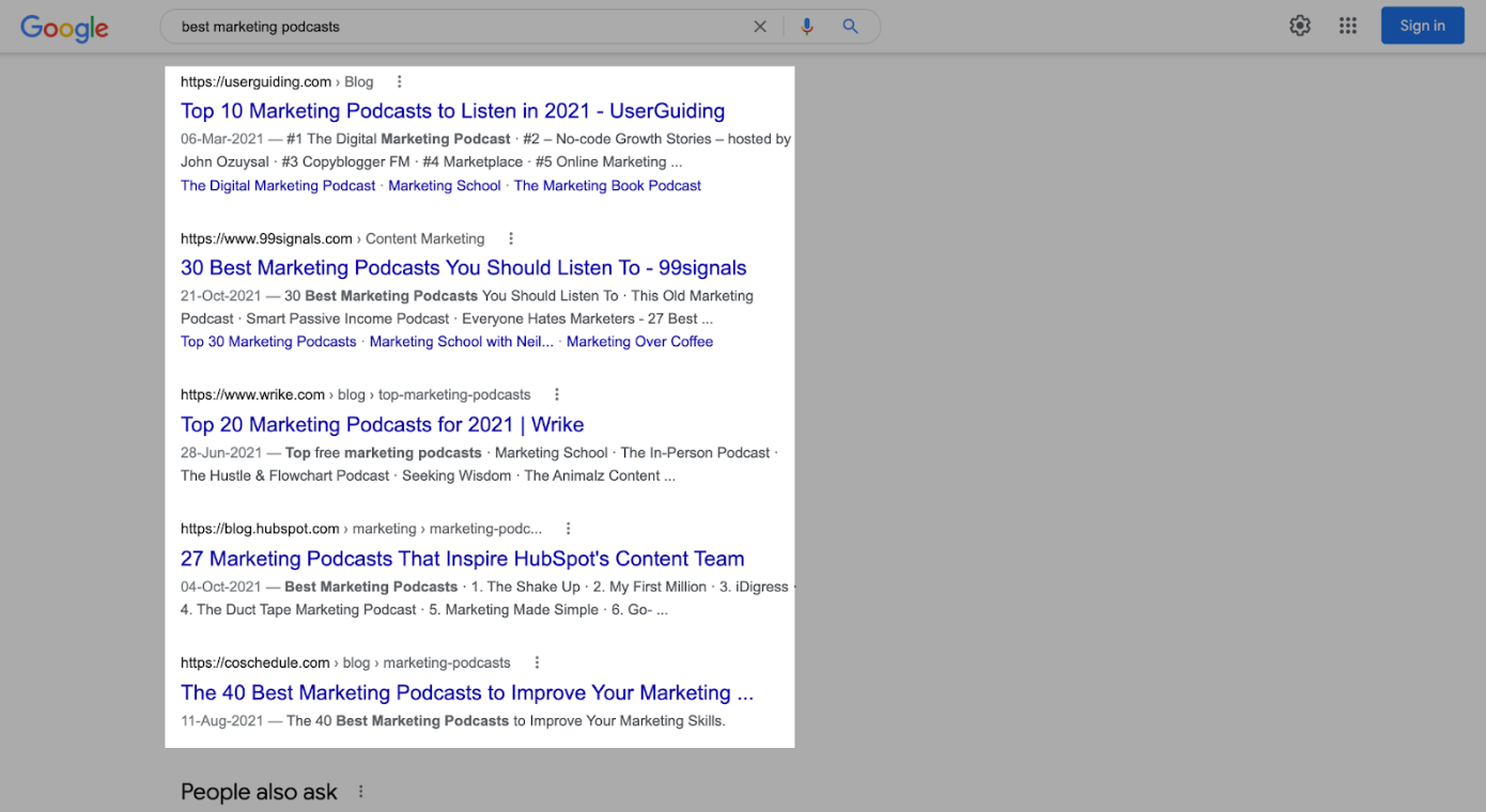 SERP for the keyword "best marketing podcasts"