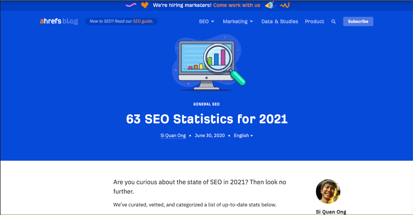 SEO statistics page by Ahrefs