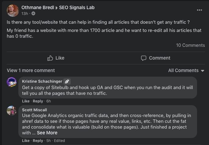 Conversation in the SEO Signals Lab group on Facebook about tools for finding articles