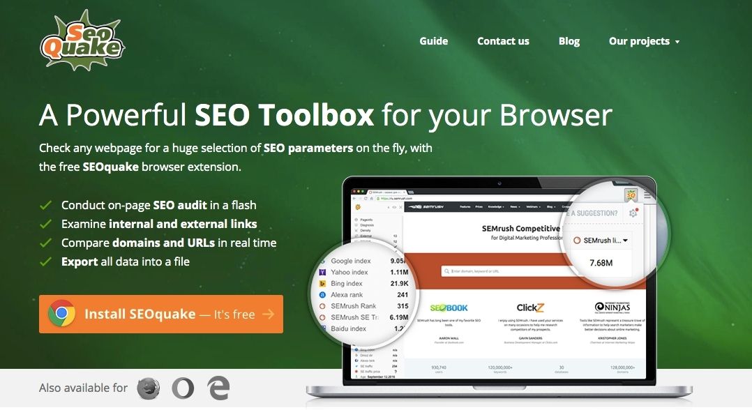 Green background with the image of a computer on the right.  Text reads: "A Powerful SEO Toolbox for your browser. Check any webpage for a huge selection of SEO parameters on the fly, with the free SEOquake browser extension.  -Conduct on-page SEO audit in a flash -examine internal and external links -compare domain and URLs in real time -Export all data into a file