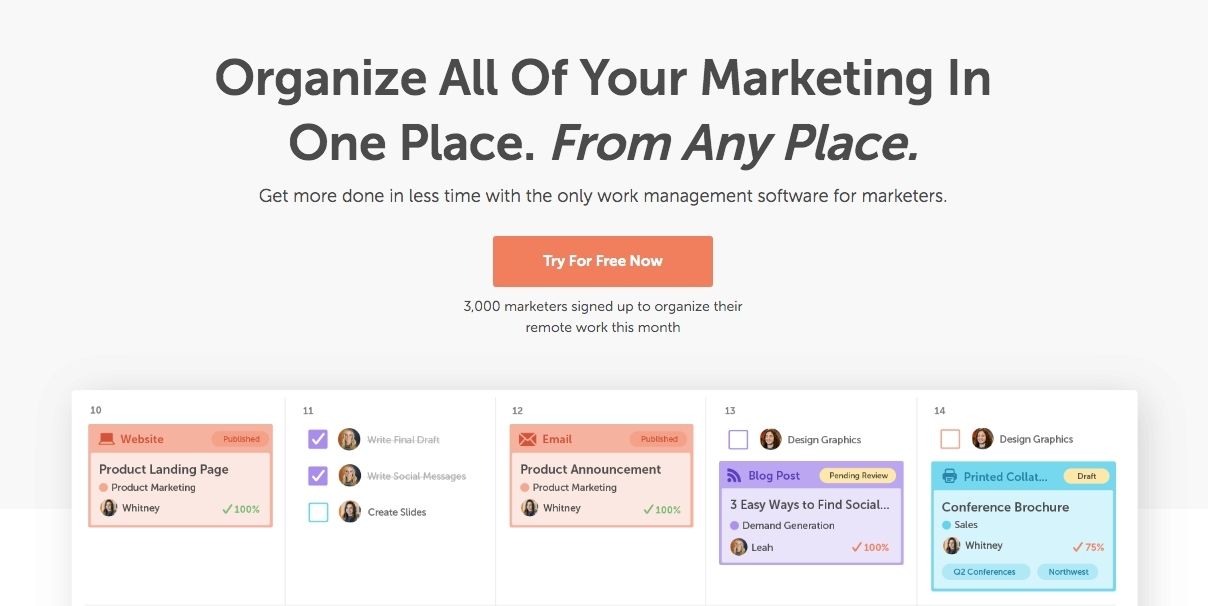 This image is a screenshot from the front page of the website for the content marketing resource, Coschedule. This tool helps with scheduling content for social media and other platforms and automating posts