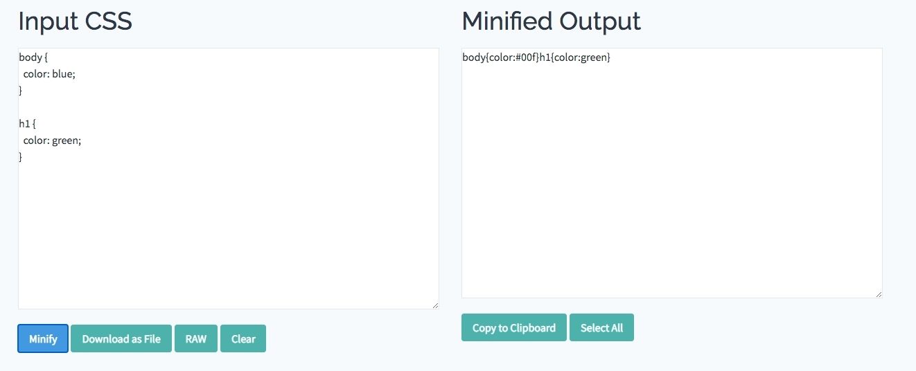 The image shows a thread of code input into the CSS Minifier that has been optimized. The shortened code is shown in the 'Minified output' box.