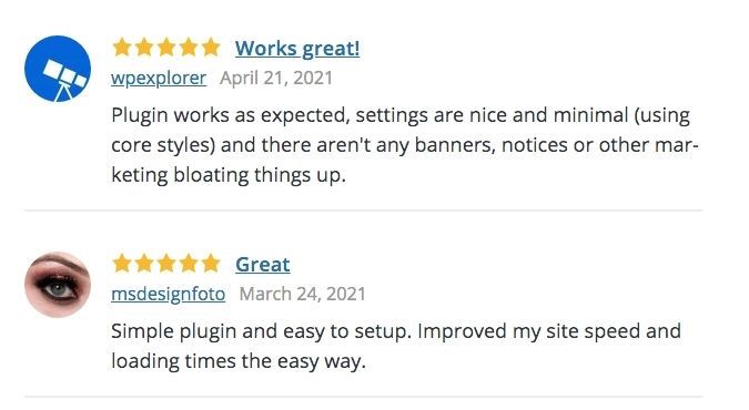 This image is a screenshot of two consecutive 5-star ratings for the WordPress plugin. Both reviews are recent and were written in 2021