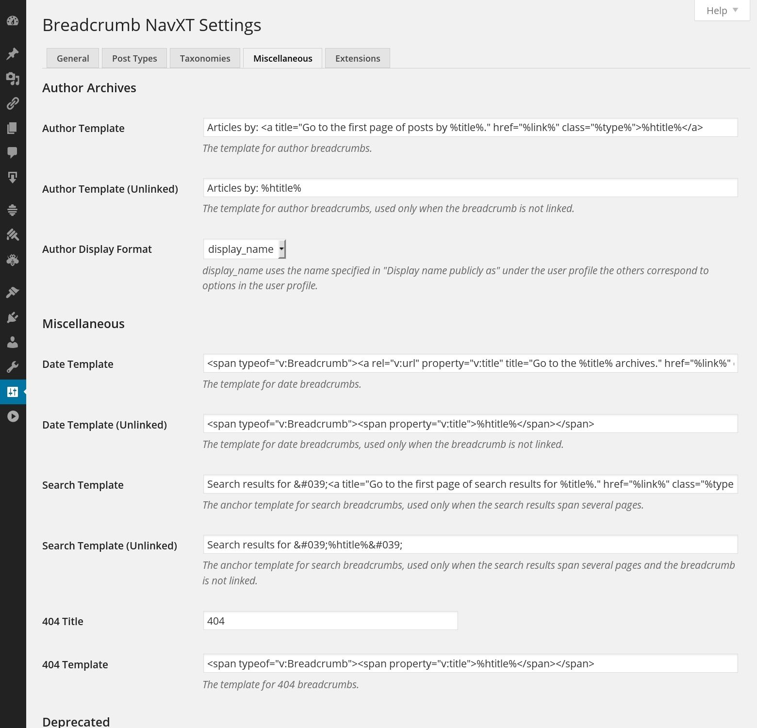 Sample screenshot of the miscellaneous tab from the Breadcrumb NavXT download page.