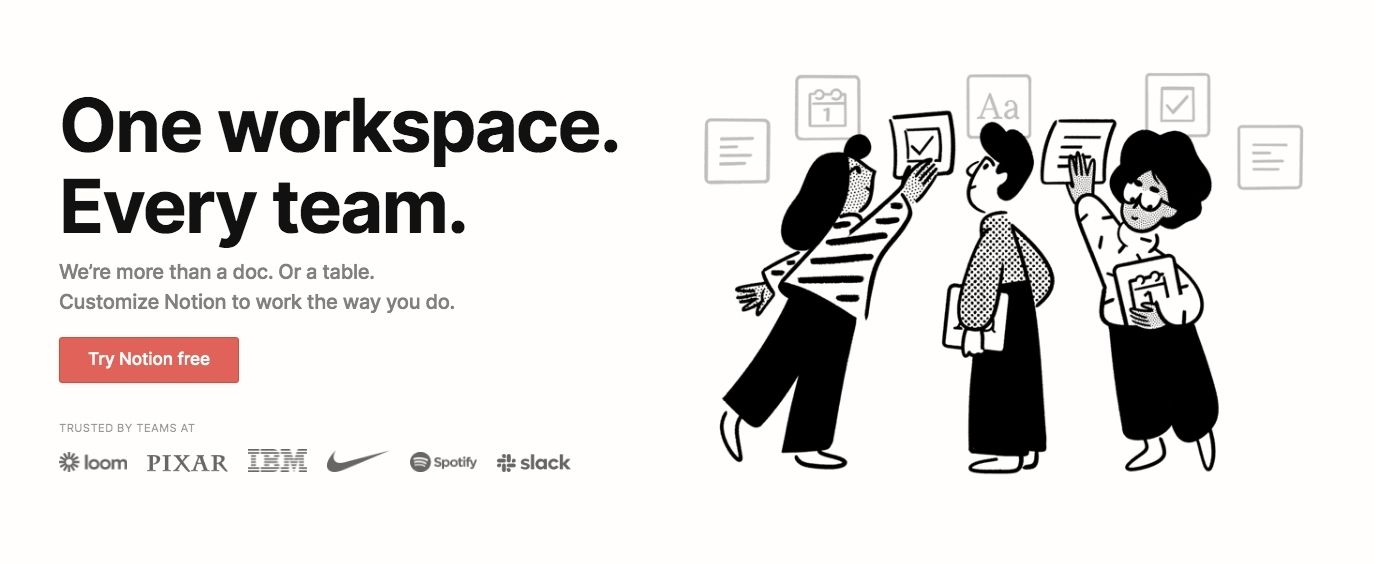 This image shows an illustration of three people on the right and information about Notion's services on the left. It's from the homepage of the Notion website.