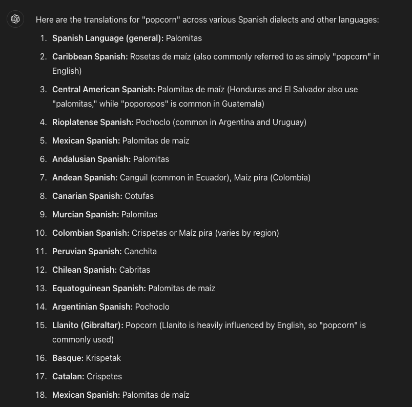 Example of using ChatGPT to translate keywords into various dialects.
