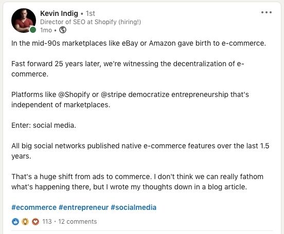 This image shows a post from Linkedin that was published by Kevin Indig