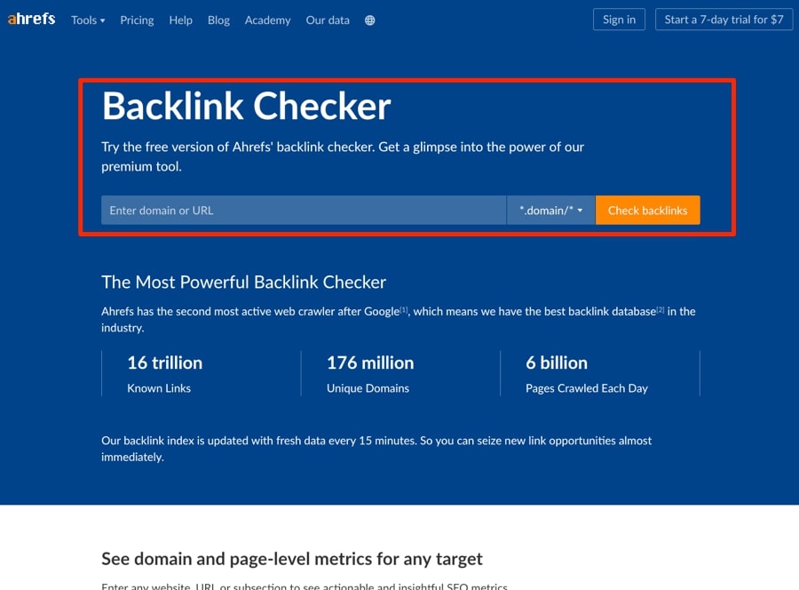 Ahrefs new design of their 'Backlink Checker' page.