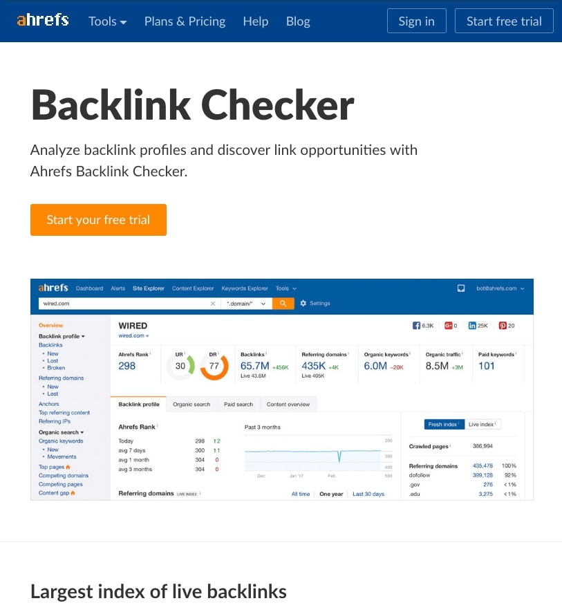 Ahrefs old landing page target the keyword "backlink checker"