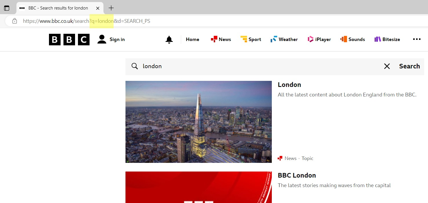 The BBC website showing search results for “london”
