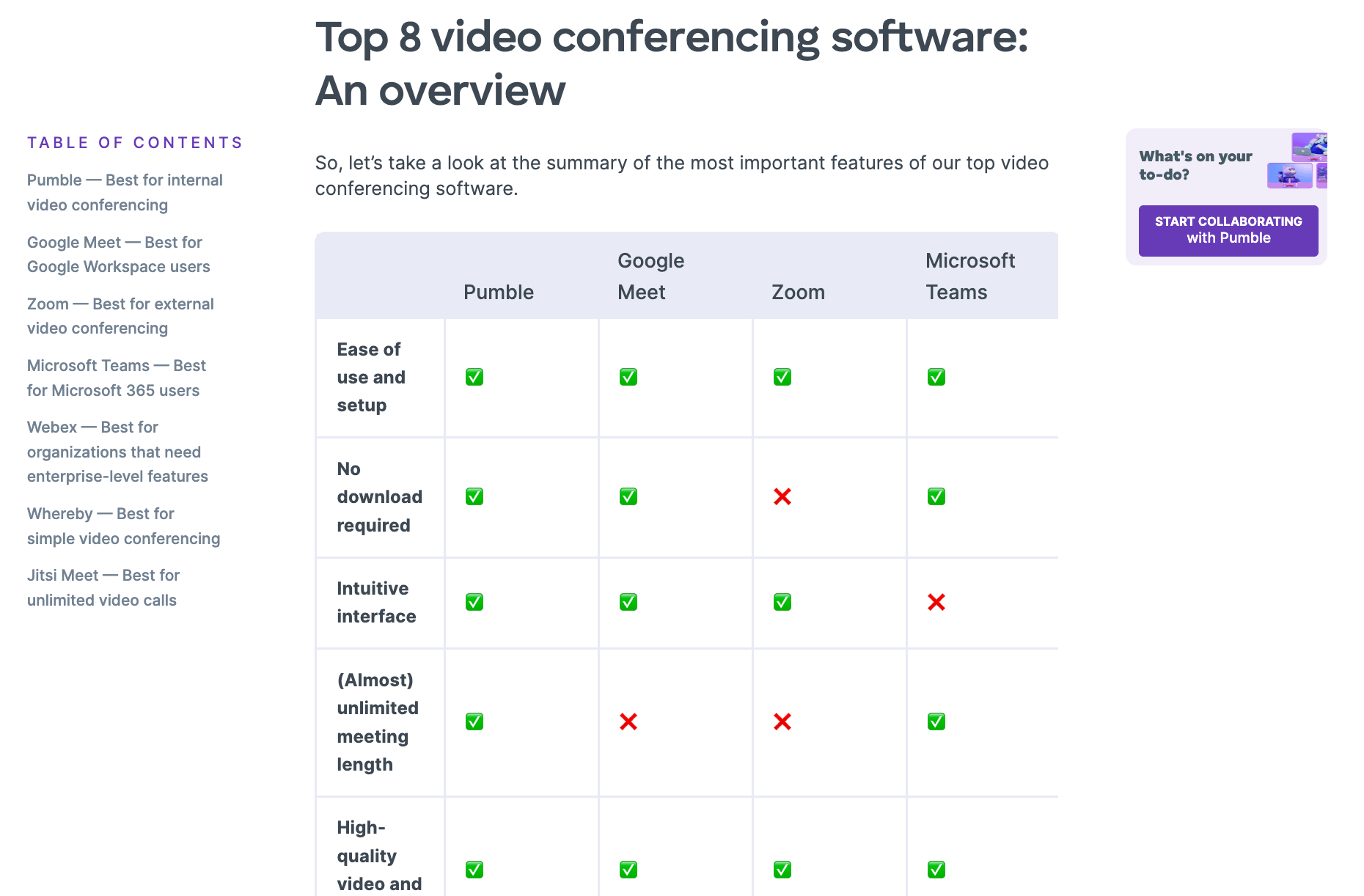 Pumble features comparison table