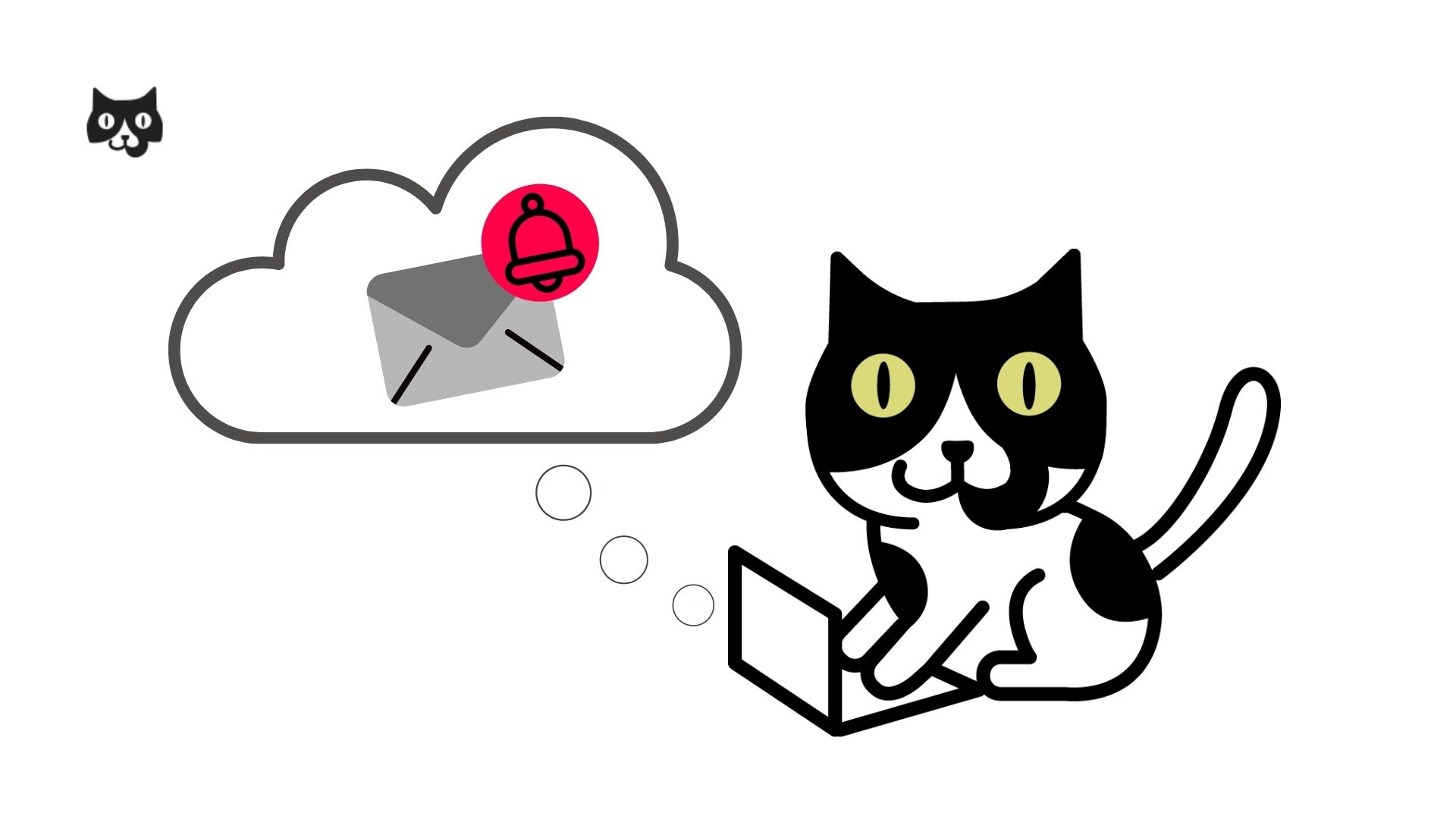 This photo shows Buddy, the Flying cat marketing mascot, on a laptop tracking his content marketing metrics. He is shows to have a cloud bubble coming from his computer, with a letter icon and notifications over it.This visualizes the email engagement rate as a content marketing metric