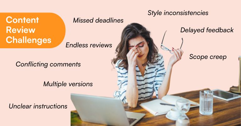A women showing signs of frustration because the content review process is  not so fast, consistent nor streamlined as she would want it to be. 