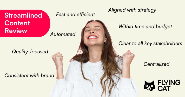 A woman showing clear signs of happiness and success because she has nailed her content approval process and things are now fast and efficient, centralized and automated - among other things.
