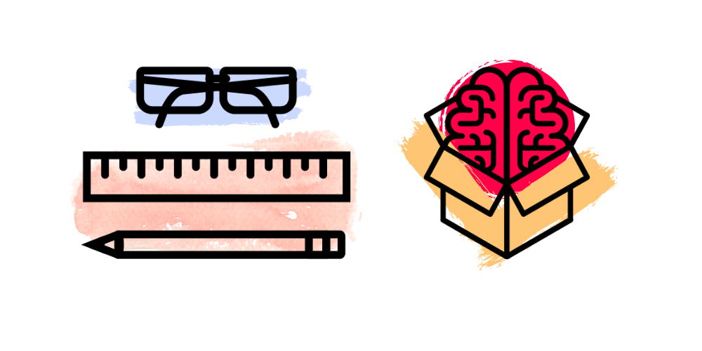 The featured image for this post about content marketing resources includes illustrations for a pair of glasses aboce a ruler and pencil on the left. On the right, there is a cardboard box with a brain coming out, colored the Flying Cat Marketing red
