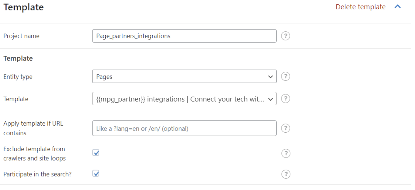 View of the MPG plugin with project name and entity type