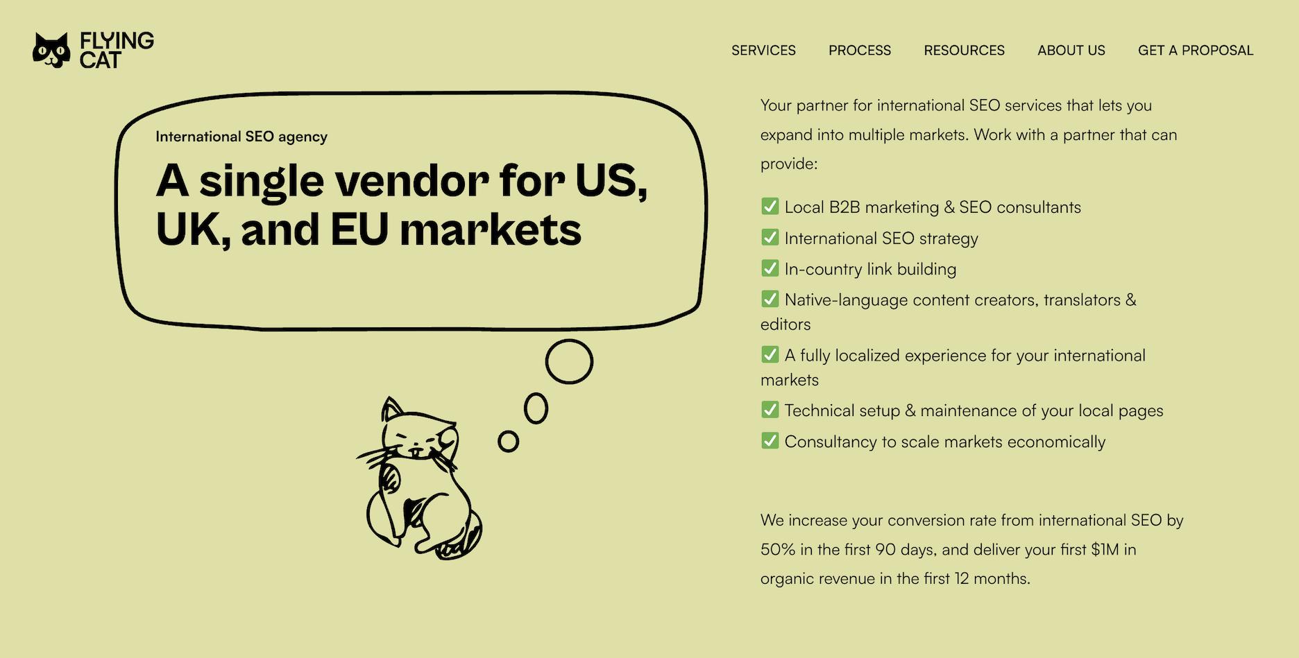 Flying Cat international SEO agency page showing headline “A single vendor for US, UK, and EU markets,” with a checklist of international SEO services and a cat illustration.