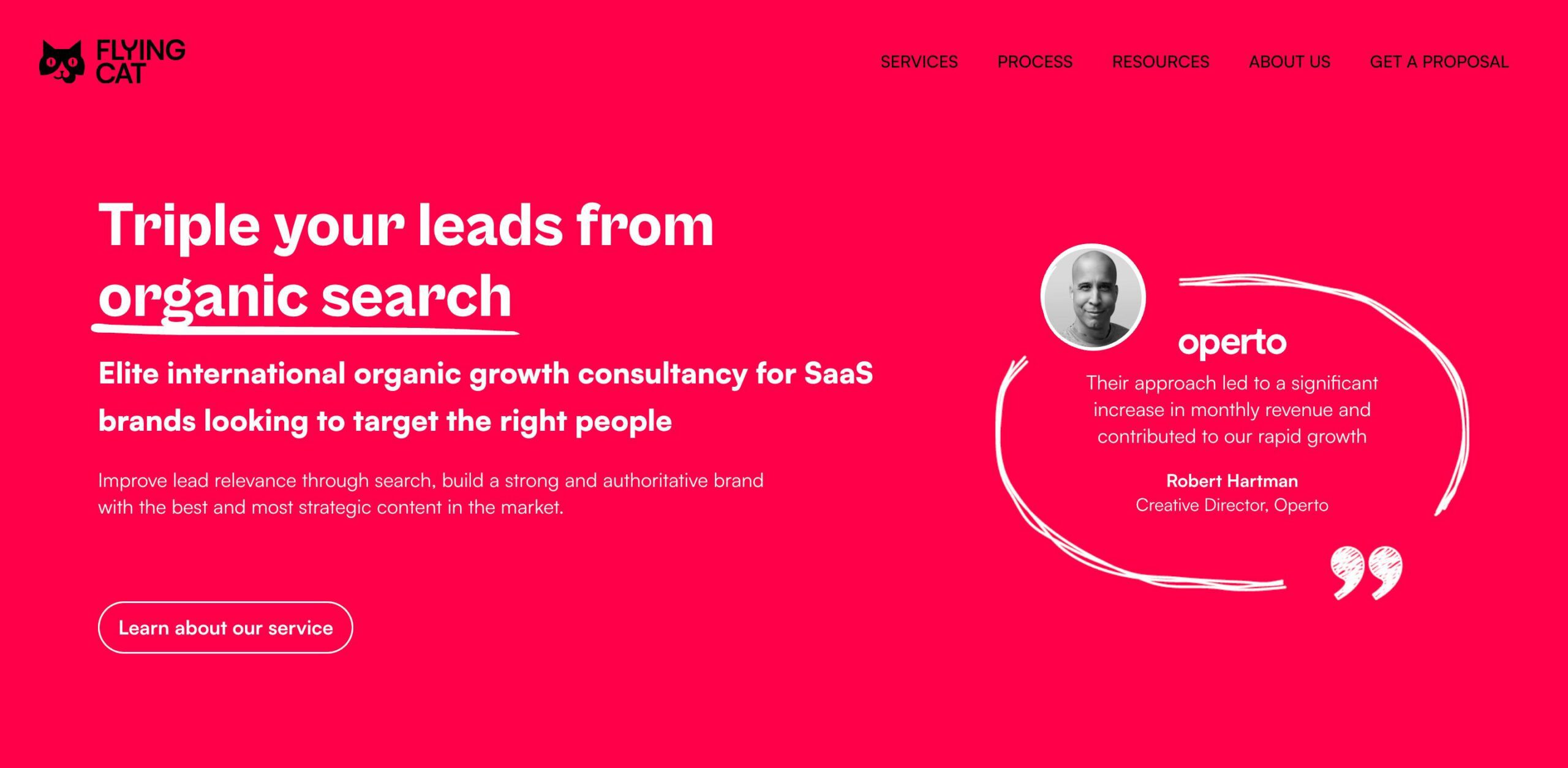 Screenshot from the Flying Cat homepage showing a social proof quote from a client and the heading reads "Triple your leads from organic search"