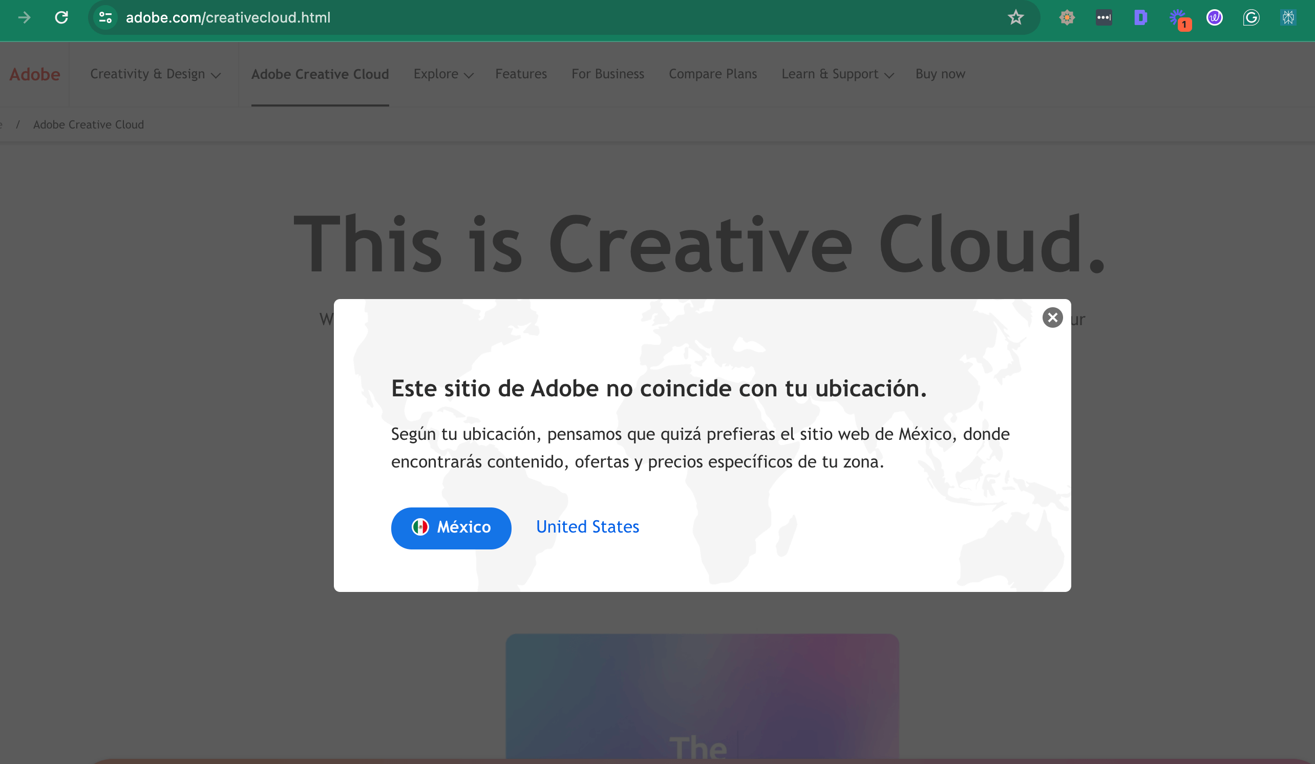 Adobe website showing suggested international web version