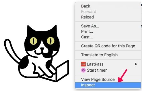 Buddy icon from the Flying cat marketing website with an arrow indicating to the inspect option in the tab options