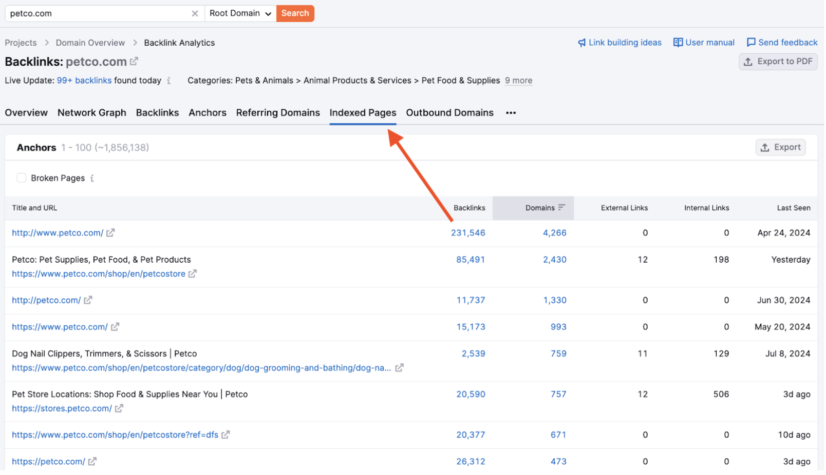 Screenshot showing how to check pages that attract the most backlinks.