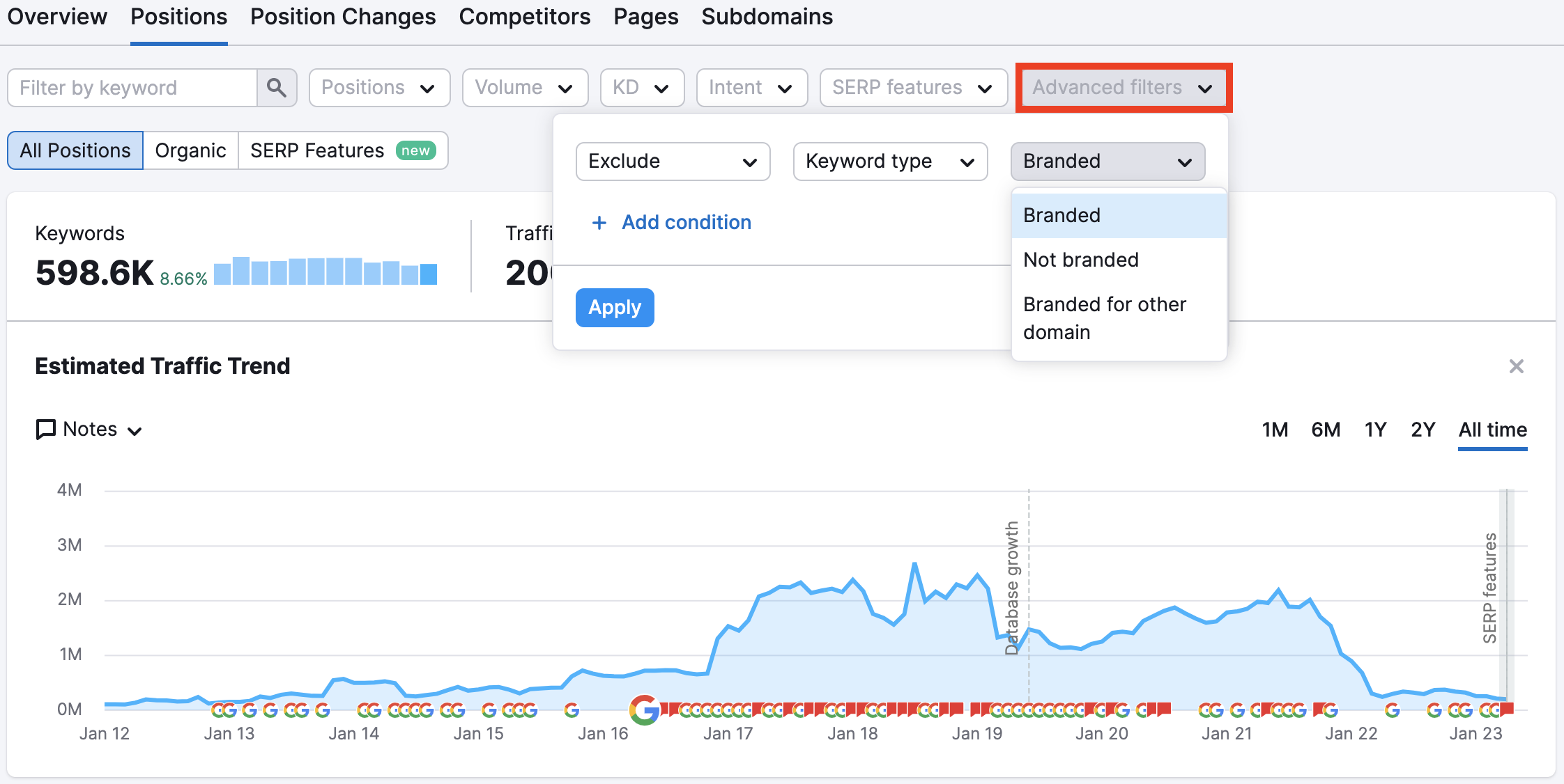 Screenshot showing how to filter Branded and Non-Branded keywords in the Organic Positions and Position Changes reports in Semrush.

