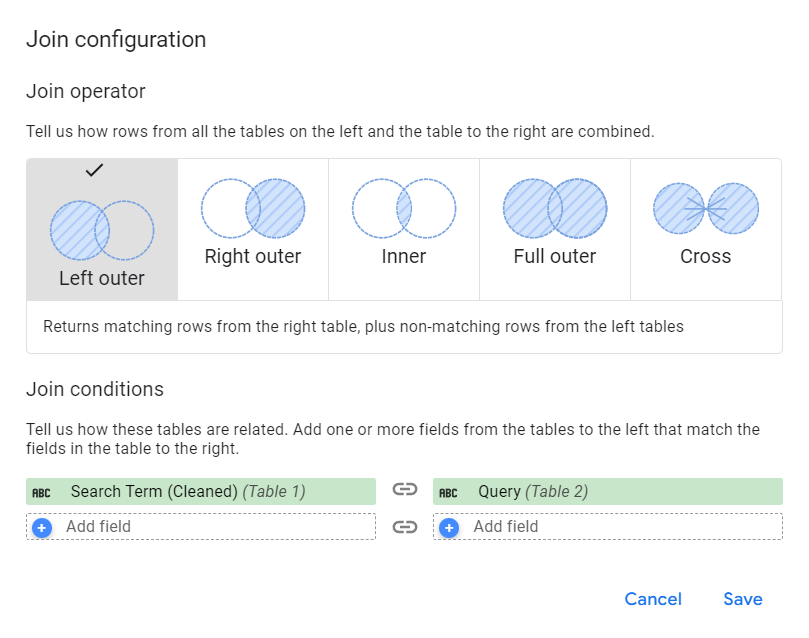 The “Join configuration” panel in Looker Studio’s “Blend data” edit screen. The option “Left outer” is selected and one join condition has been added. 
