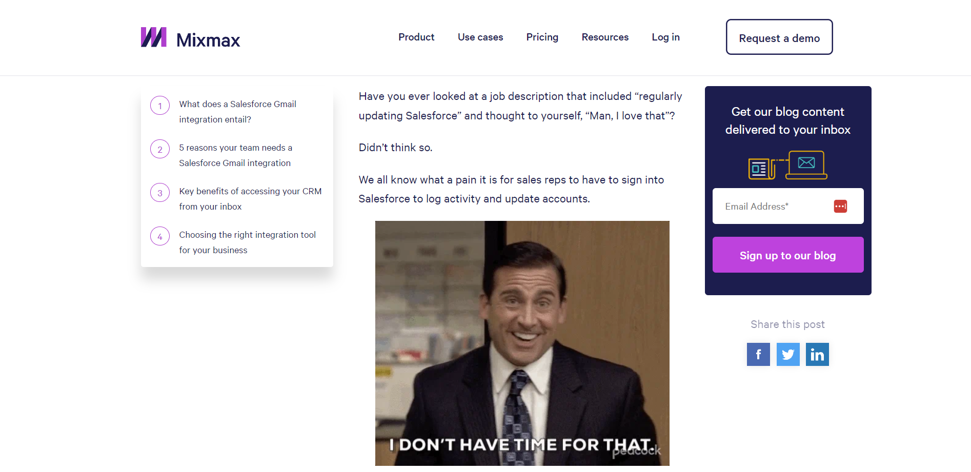 A Mixmax blog post uses a meme of Michael Scott from The Office to grab the attention of salespeople.