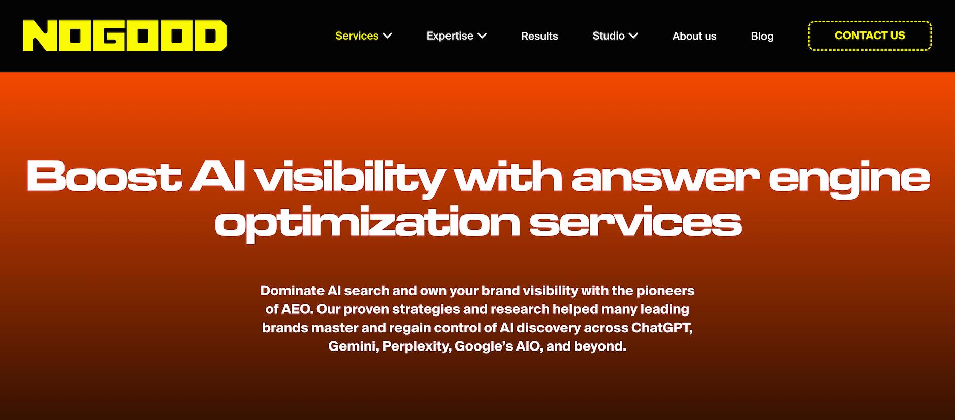 Screenshot from the No Good website which reads "Boost AI visibility with answer engine optimization services". 