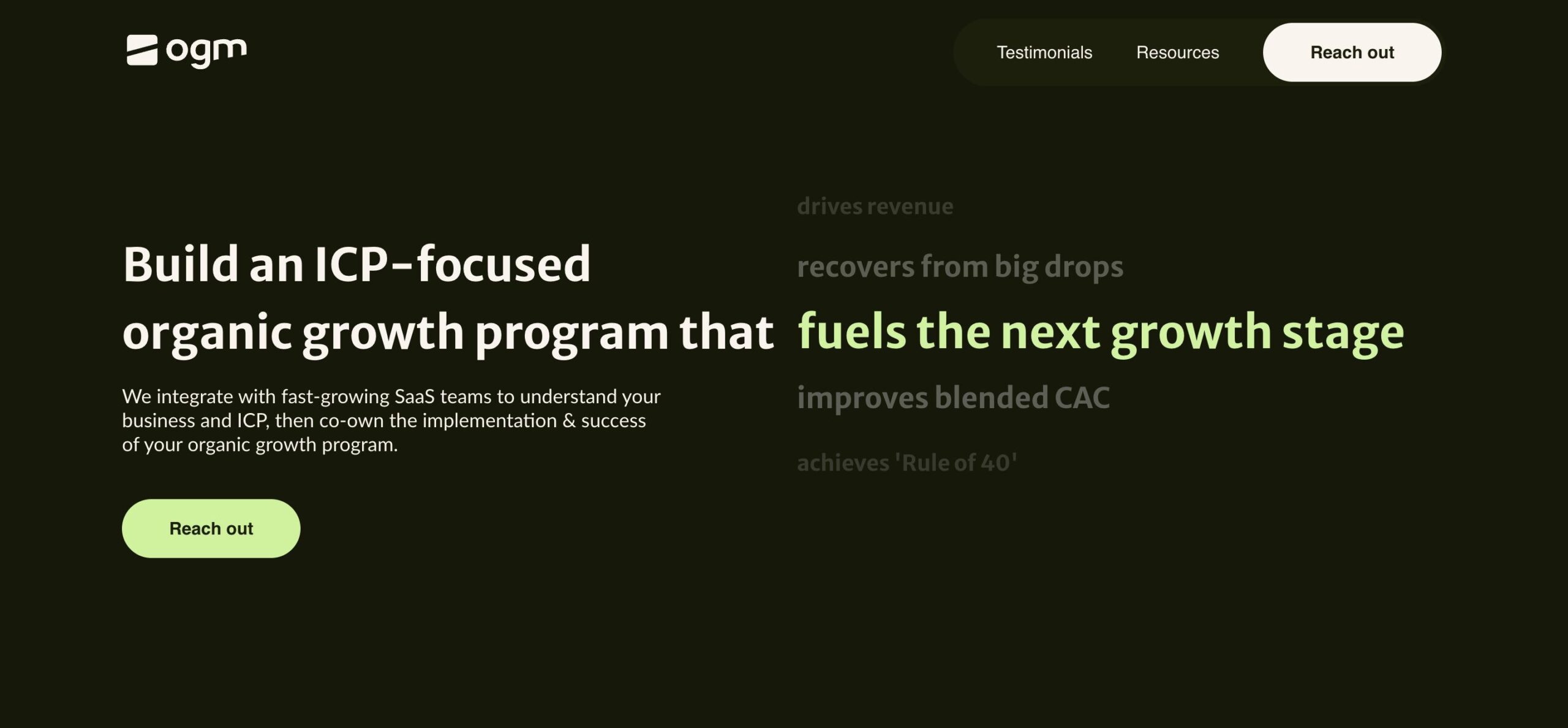 OGM homepage hero with headline “Build an ICP-focused organic growth program that fuels the next growth stage,” and a “Reach out” call-to-action button.