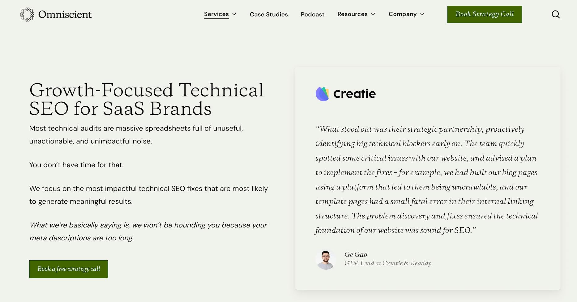 Omniscient technical SEO page for SaaS brands with headline “Growth-Focused Technical SEO for SaaS Brands,” a client testimonial, and “Book a free strategy call” button.