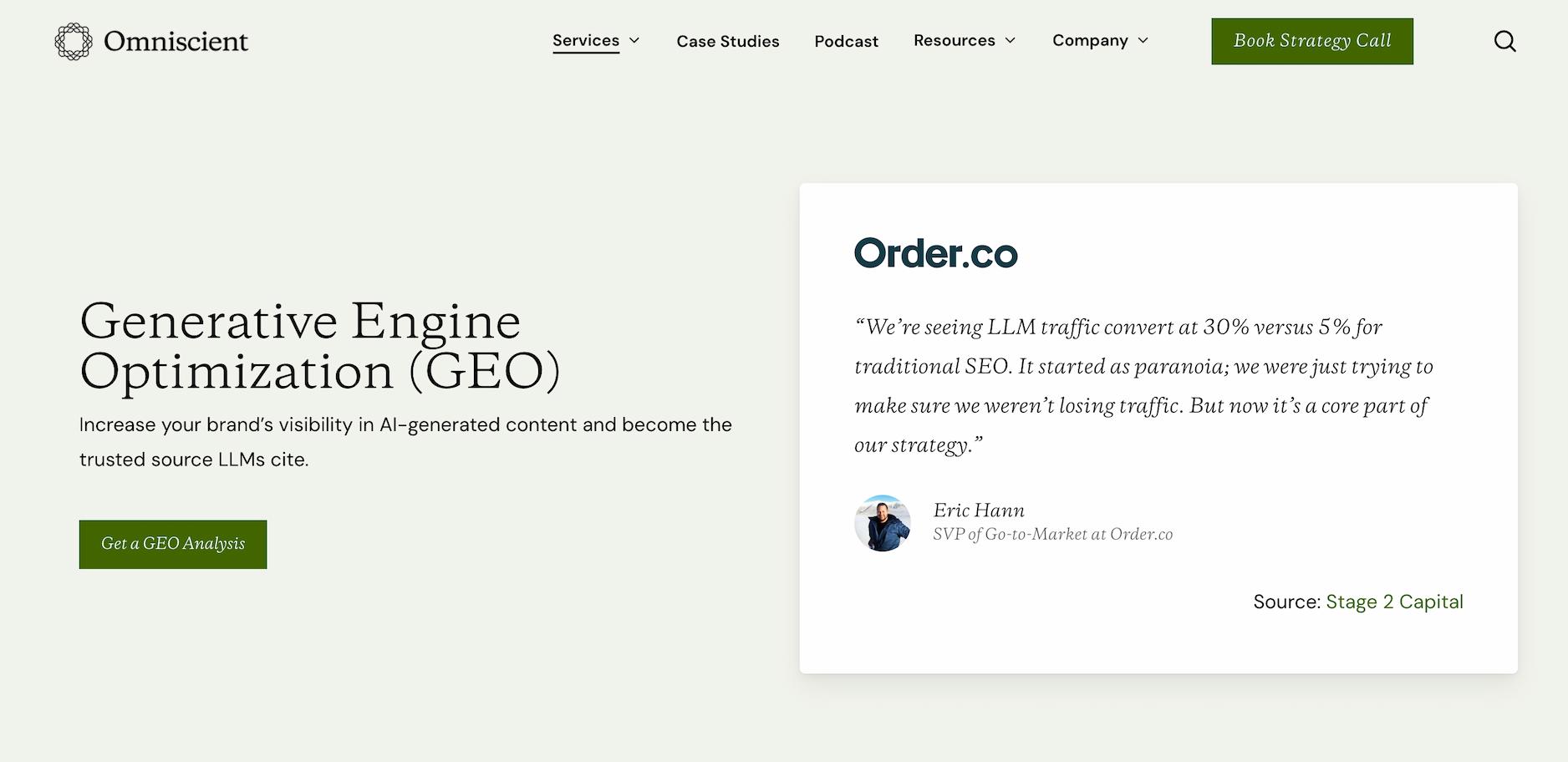 Screenshot of the Omniscient website. CTA says "Generative Engine Optimization (GEO).